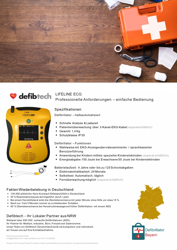 Bild der Broschüre über Defibrillator DefibTech Lifeline ECG mit den wichtigsten Spezifikationen
