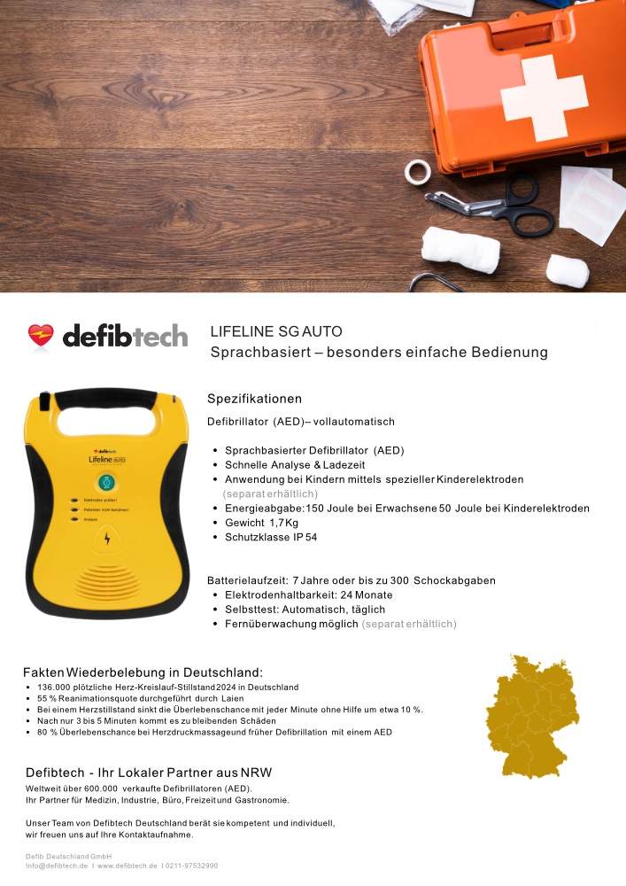 Bild der Broschüre über Defibrillator DefibTech Lifeline SG Auto mit den wichtigsten Spezifikationen