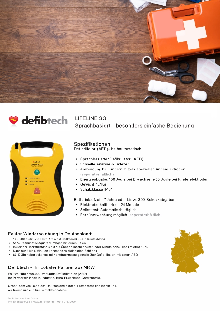 Bild der Broschüre über Defibrillator DefibTech Lifeline SG mit den wichtigsten Spezifikationen