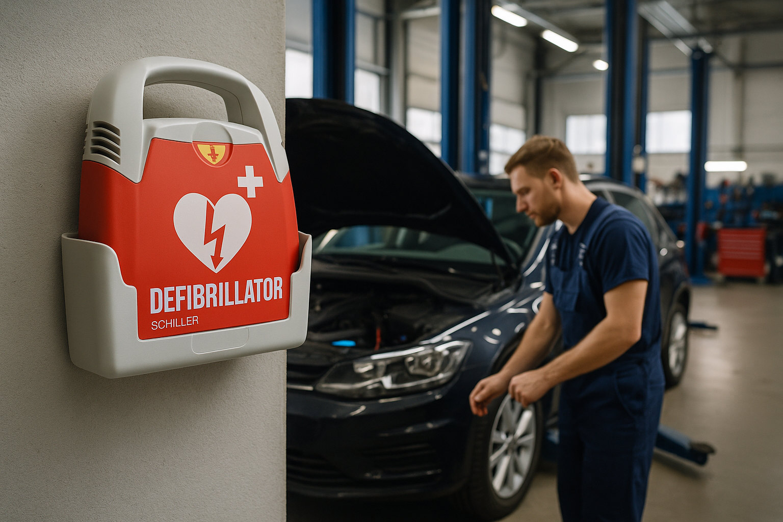 Defibrillator in einer Autowerkstatt als Erste-Hilfe-Ausstattung für Kfz-Betriebe und E-Auto-Werkstätten